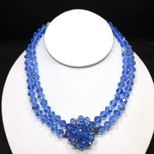 Vintage 1950s Aurora Borealis Blue Crystal Beaded Two-Strand Choker Necklace